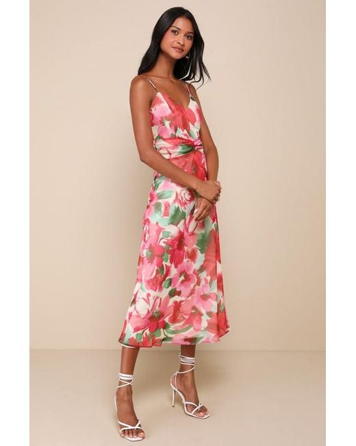 Lulus Red Beautiful Entrance Multi Floral Twist-Front Midi Dress