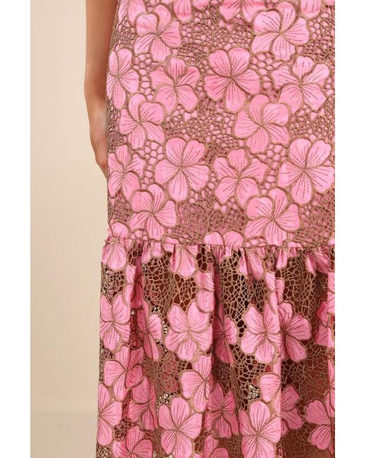 Lulus Pink Quintessa Floral Crochet Lace Tiered Midi Skirt