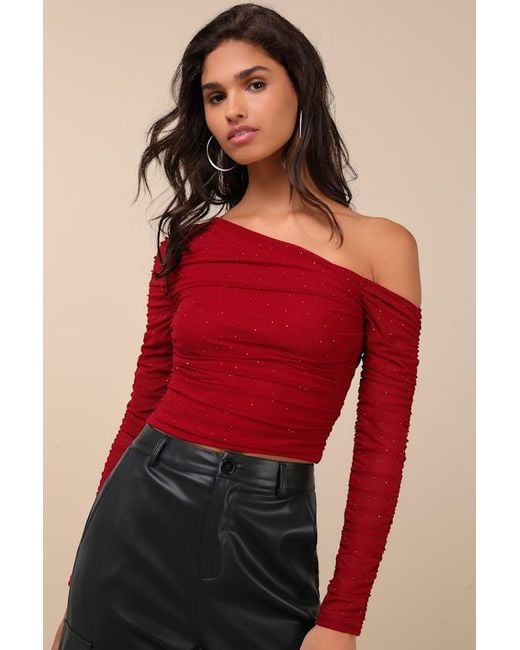 Lulus Red Popular Sparkle Rhinestone Asymmetrical Crop Top