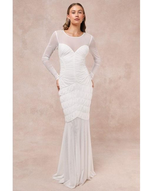 Lulus Natural Romantic Heights Mesh Ruched Long Sleeve Maxi Dress