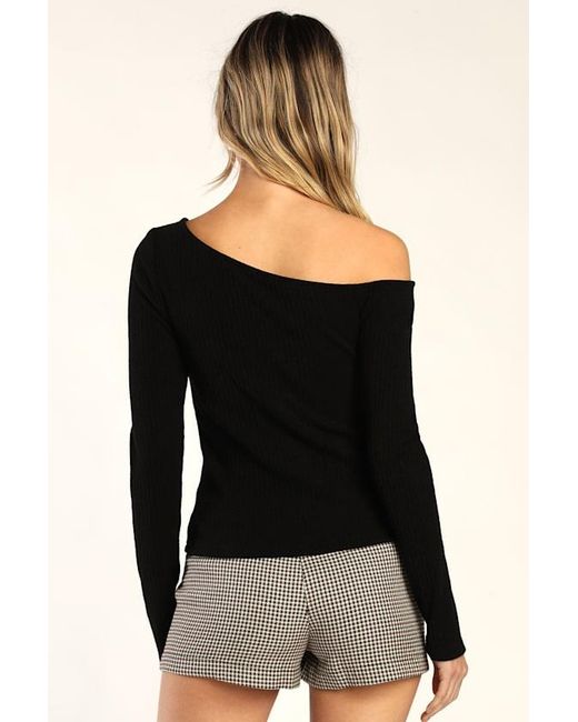 Lulus Black Popular Babe Ribbed Knit Asymmetrical Long Sleeve Top