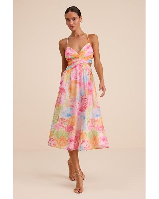 Lulus Pink Ettalie Multi Floral Lace-Up Midi Dress
