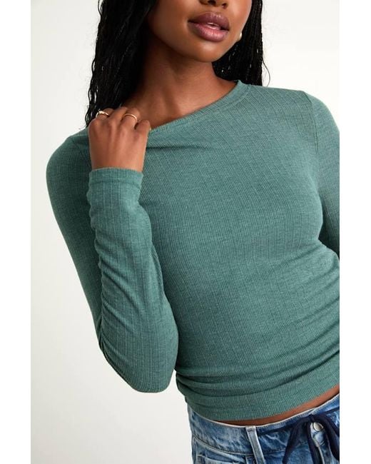 Lulus Green Essential Fit Heather Ribbed Knit Long Sleeve Top
