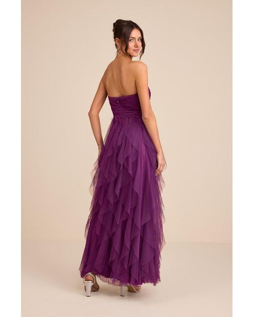 Lulus Purple Delightful Beauty Plum Mesh Strapless Ruched Ruffled Maxi Dress