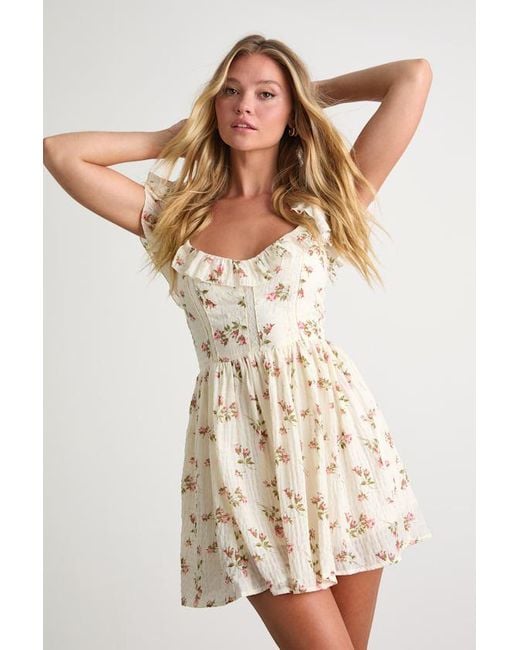 Lulus Natural Velia Floral Textured Flutter Sleeve Mini Dress