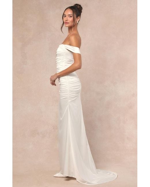 Lulus Natural Torri Satin Off-The-Shoulder Maxi Dress