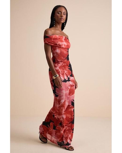 Lulus Red Dunia Floral Print Mesh Off-The-Shoulder Maxi Dress