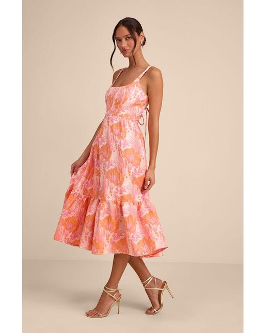Lulus Pink Avalie Floral Jacquard Tiered Bustier Midi Dress
