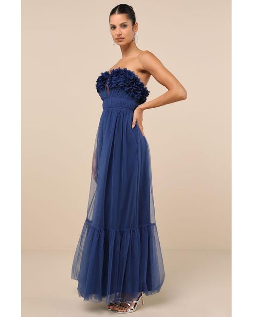 Lulus Blue Chic Spectacle 3D Applique Strapless Maxi Dress