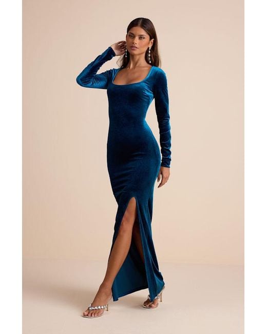 Lulus Blue Alessia Velvet Long Sleeve Maxi Dress