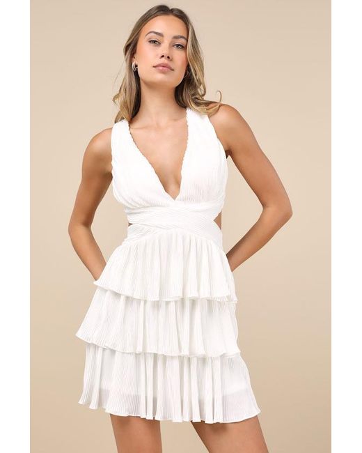 Lulus Women's Natural Beauty Icon Satin Pleated Tiered Lace-Up Mini Dress