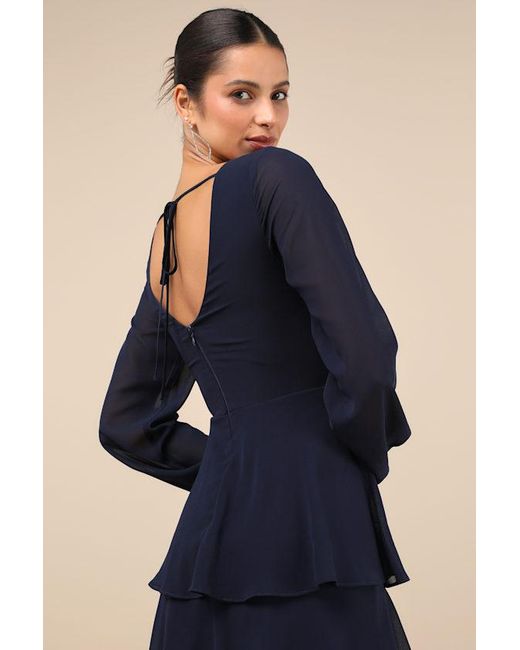 Lulus Flawless Excellence Tiered Long Sleeve Maxi Dress in Blue | Lyst
