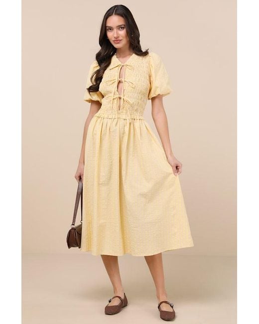 Extro & Vert Natural Sara Striped Smocked Puff Sleeve Midi Dress