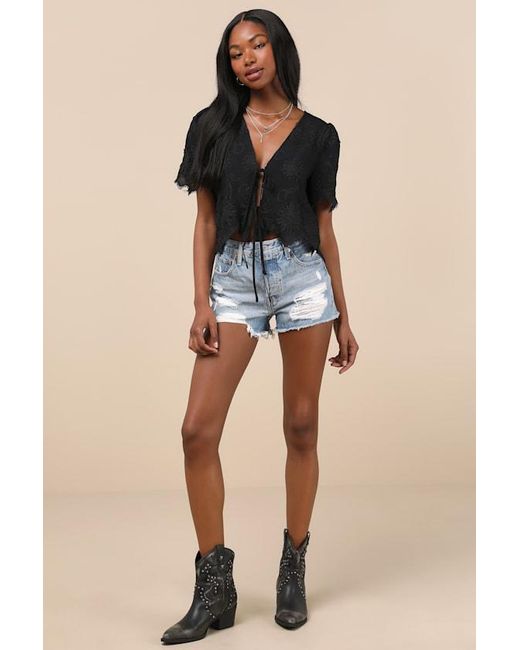 Lulus Black Vintage Aesthetic Embroidered Tie-Front Fringe Hem Top