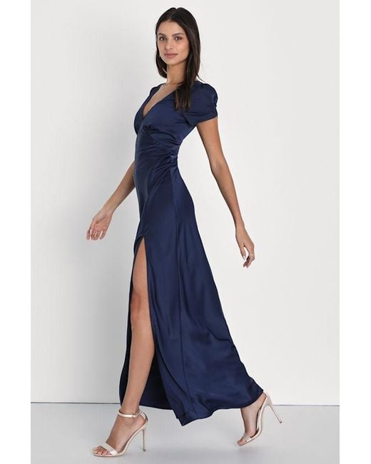 Lulus Blue Epitome Of Romance Satin Puff Sleeve Maxi Dress