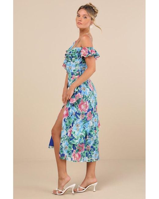 Lulus Blue Cosima Floral Asymmetrical Midi Dress