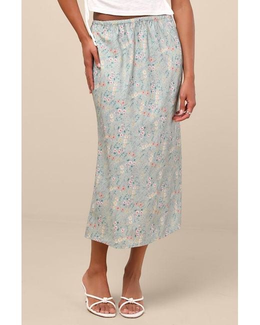 Lulus Natural Agatha Sage Multi Floral Satin Midi Skirt