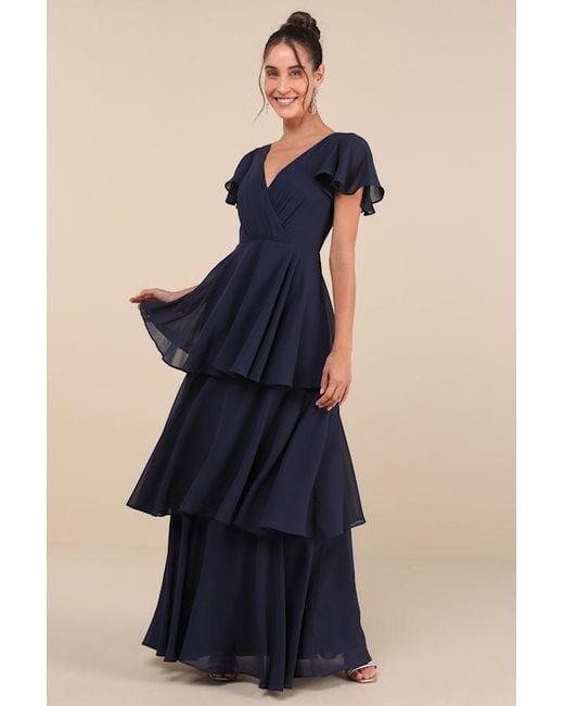 Lulus Blue Sincerely Exquisite Short Sleeve Tiered Maxi Dress