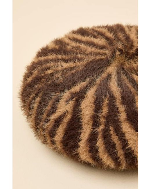 Lulus Brown Dashwood Animal Print Fuzzy Knit Beret