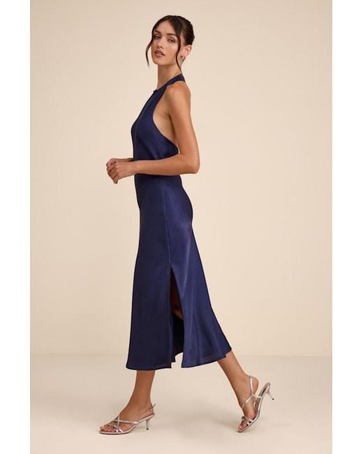 Lulus Blue Belin Satin Backless Midi Dress