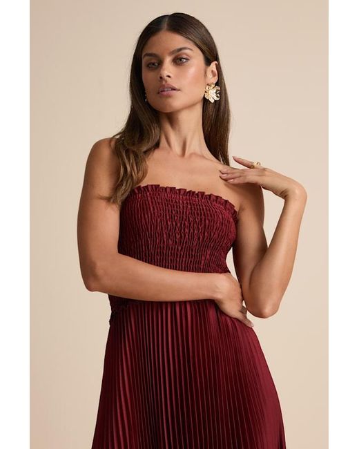 Lulus Damira Rust Satin Pleated Strapless Maxi Dress in Red | Lyst
