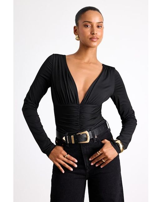 Lulus Black Naiari Slinky Knit Ruched Long Sleeve Bodysuit