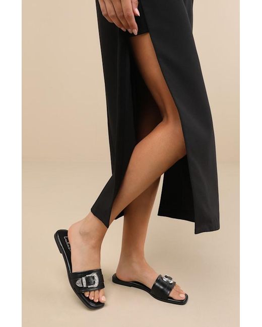 Lulus Black Nyomi Buckle Slide Sandals