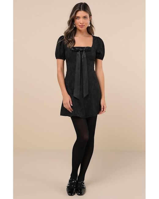 Lulus Black Polished Sweetie Jacquard Bow Puff Sleeve Mini Dress