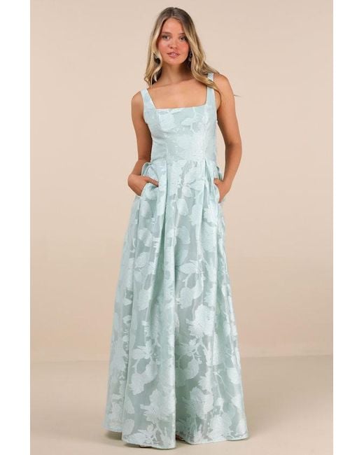 Lulus Blue Perfected Aura Sage Jacquard Tie-Back Maxi Dress With Pockets