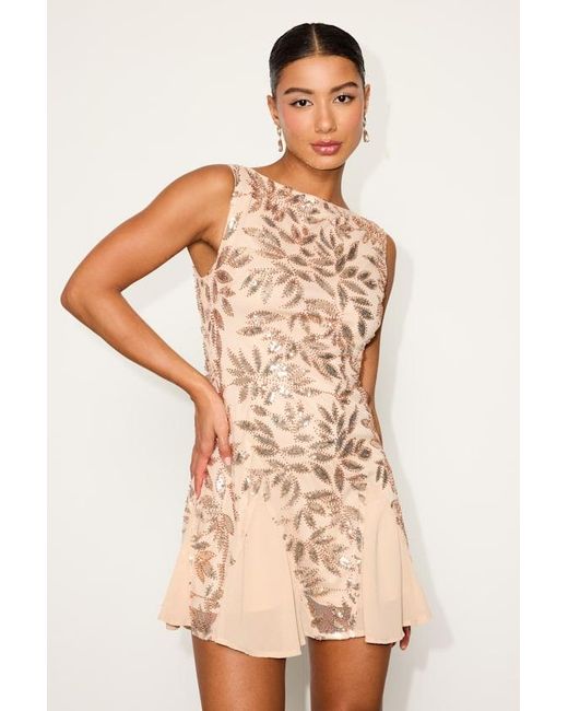 Lulus Natural Pailey Sequin Boat Neck Mini Dress