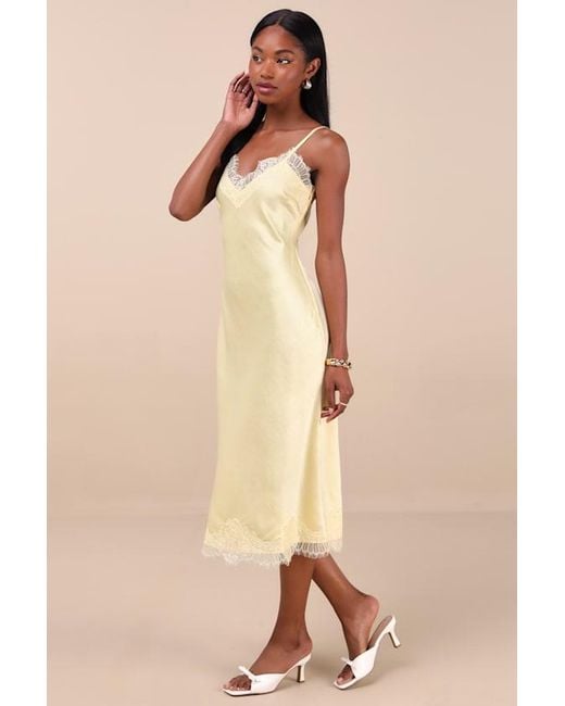 Lulus Natural Raenne Crinkle Satin Lace Midi Slip Dress