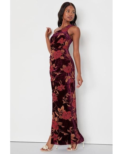 Lulus Red Unreal Awe Floral Burnout Velvet One-Shoulder Dress