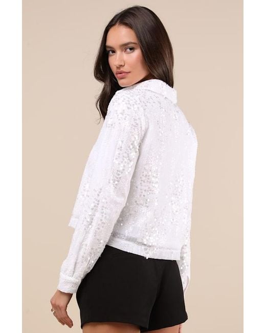 Lulus White Glowing Sophistication Sequin Button-Up Top