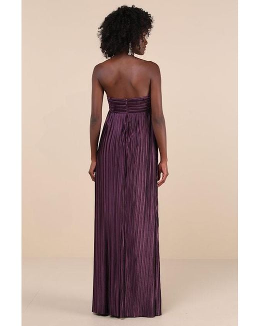 Lulus Purple Whimsical Beauty Dark Satin Plisse Strapless Maxi Dress