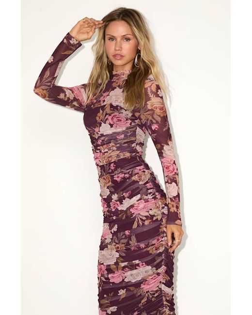 Lulus Red Impressive Flirt Plum Floral Mesh Ruched Mock Neck Midi Dress