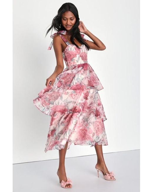 Lulus Playfully Posh Blush Floral Organza Tie-Strap Tiered Midi Dress