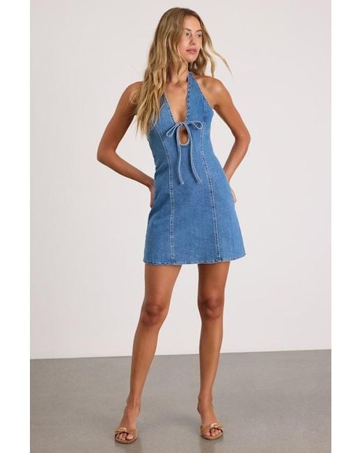 Lulus Blue Luce Medium Wash Denim Halter Mini Dress