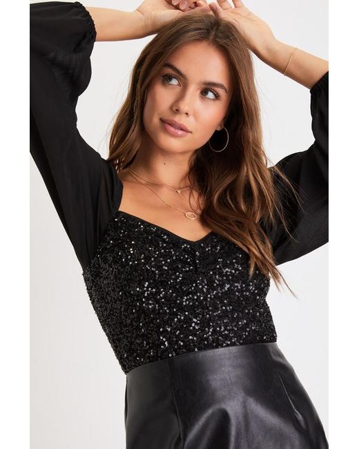 Lulus Black Beautiful Brilliance Sequin Long Sleeve Top