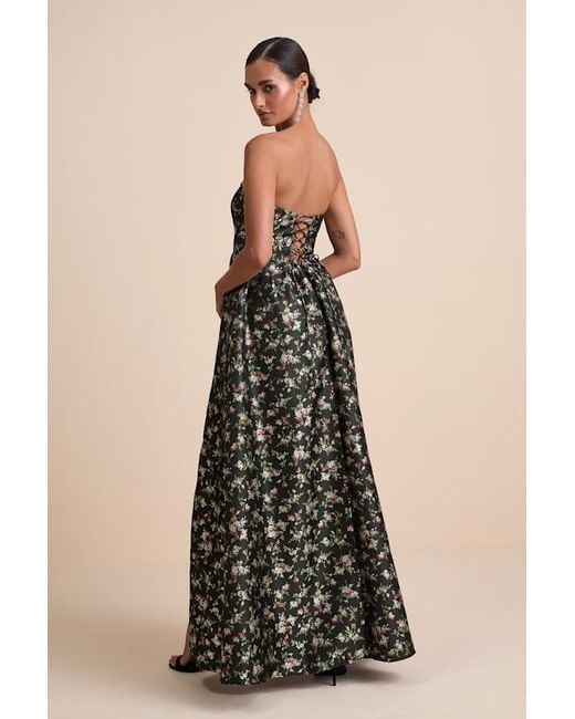 Lulus Black Rainie Floral Jacquard Strapless Lace-Up Maxi Dress