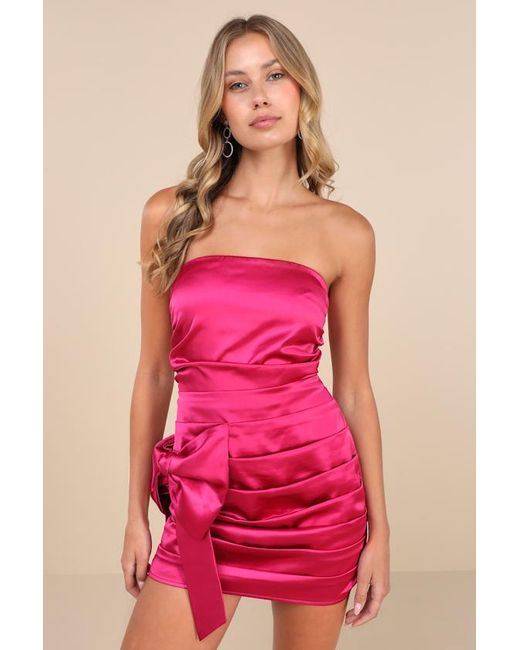 Lulus Pink Major Event Satin Strapless Ruched Bow Mini Dress