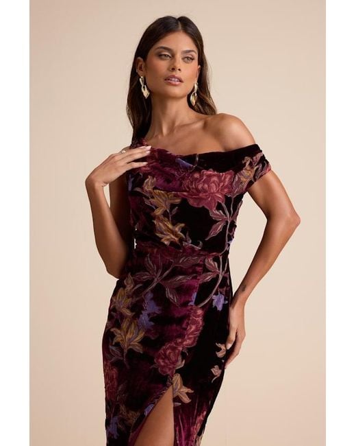 Lulus Natural Marnella Floral Velvet Burnout Asymmetrical Maxi Dress