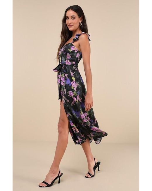 Lulus Natural Sweet Like Sangria Floral Ruffled Bustier Midi Dress