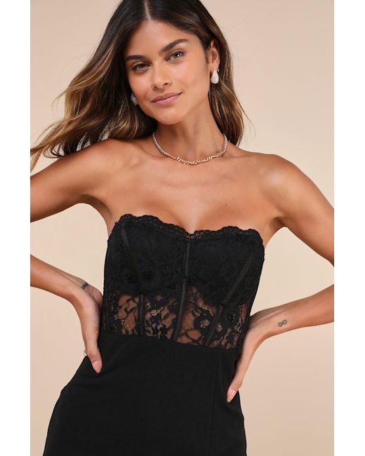 Lulus Black Sultry Persona Lace Strapless Bustier Bodycon Mini Dress