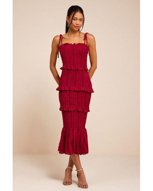 Lulus Red Aymana Smocked Bodycon Midi Dress