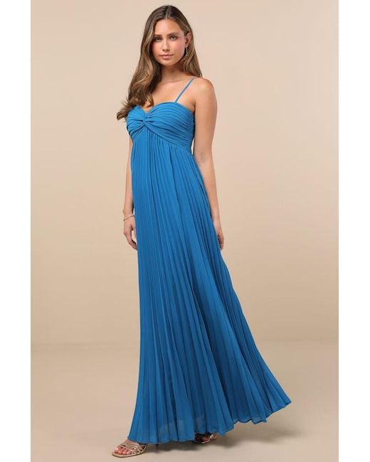 Lulus Blue Jolette Pleated Knot-Front Maxi Dress