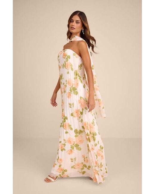 Lulus Natural Lael Floral Pleated Strapless Dress And Scarf Set