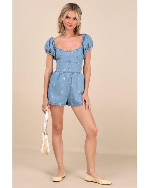 Lulus Blue Feylith Light Wash Denim Embroidered Romper