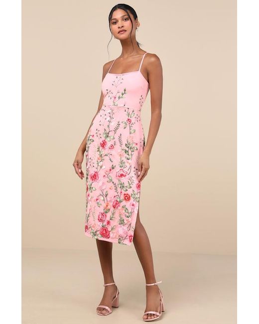 Lulus Pink Blooming For Love Floral Embroidered Midi Dress
