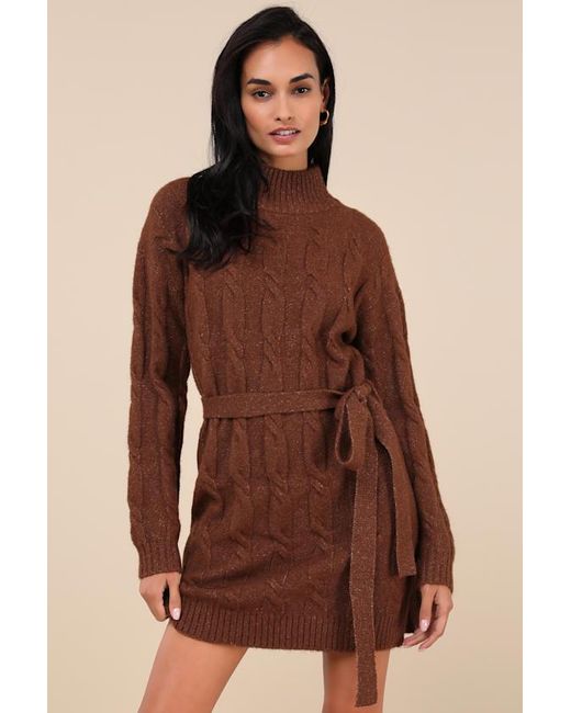 Lulus Natural Warmed Up To You Cable Knit Mock Neck Sweater Dress