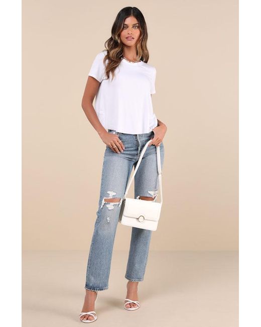 Lulus Blue Boosted Basic Ribbed Cutout Short Sleeve Top